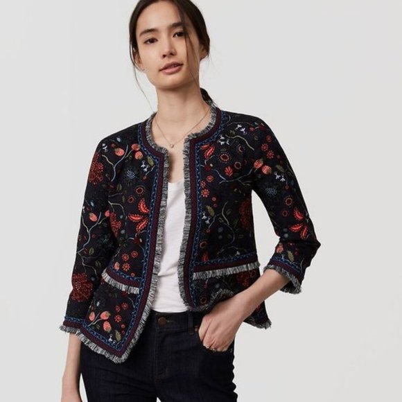 LOFT Primavera Strawberry Floral Fringe Blazer Size 14 - Picture 12 of 12